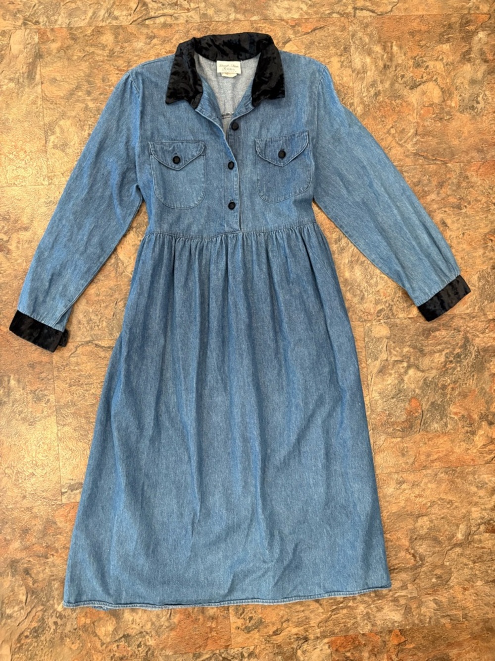 Long Jean dress with black velvet accents tie back Stuart Alan Petites dress